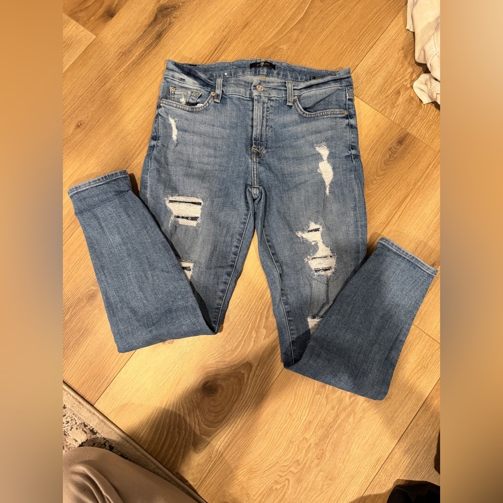 AG Skinny Blue Jeans with Vintage Distressed Style
